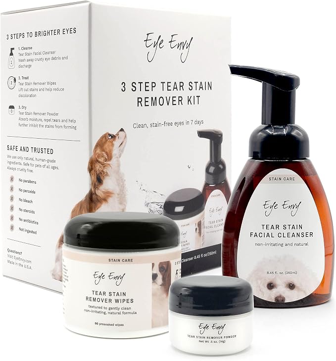 3 Step Tear Stain Remover Kit for Dogs. for Clean, Stain-Free Eyes. Contains: Cleanser, Tear Stain Eye Wipes & Stain Powder. Non-irritating & Natural Dog Tear Stain Remover. Made in USA