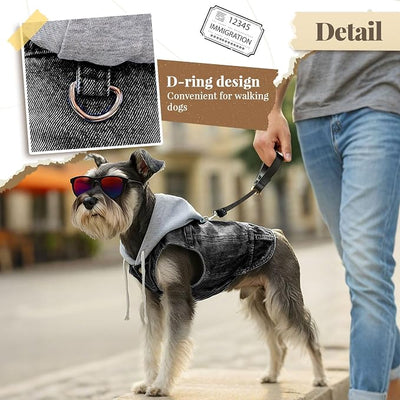 Cool Dog Jean Jacket Vest with D-Ring Black Denim Dogs Hoodies Outfits for Small Medium Dogs Cats Boy Male Dog Clothes Costume Dogggie Puppy Harness Coat for Frenchie Walking(Grey Hat,M)