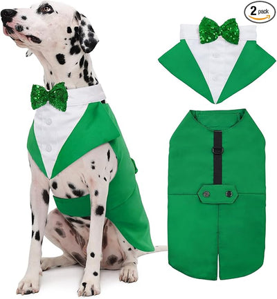 Kuoser St. Patrick's Day Tuxedo Suit and Bandana Set, Wedding Party Suit, Prince Wedding Bow Tie Shirt Formal Costume for Large and Medium Dogs, Golden Retriever, Samo, Bulldogs