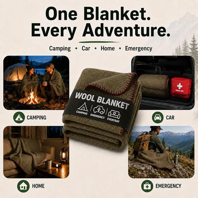 Wool Camping Blanket – 70% Wool Heavy-Duty Military Style Throw, Warm & Washable, Fire Retardant Cover for Emergency, Survival & Outdoor Use – Perfect for Camping, Car, Home & Hiking, Olive 62x84