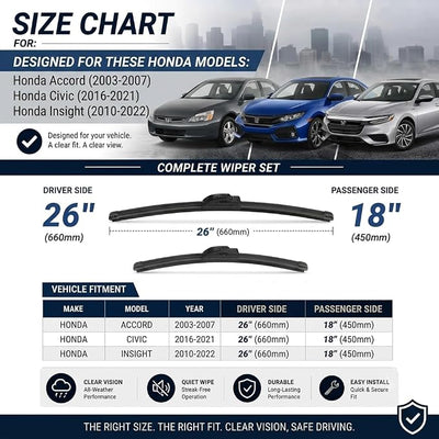 AERO Wipers OEM Replacement for Honda Accord 2003-2007 & Civic 2016-2021 & Insight 2010-2022, 26"+18" Front All-Season Windshield Wiper Blades with Extra Squeegee Refills + 1-Year Warranty (Set of 2)