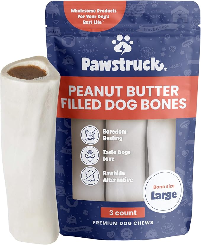 Large 5-6" Filled Dog Bones, Peanut Butter Flavor - Made in USA, Long Lasting Stuffed Femur for Aggressive Chewers, Dental Treat - Pack of 3, Packaging May Vary