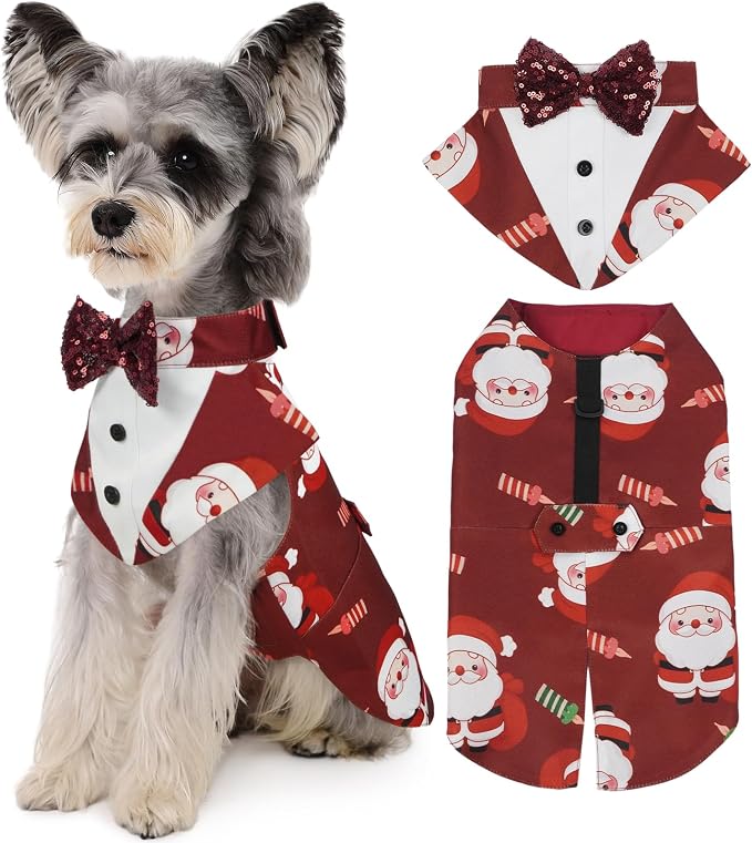 Christmas Dog Tuxedo Dogs Suit and Bandana Set, Santa Claus Doggy Christmas Outfit Adjustable Pet Xmas Costume with Bow Tie for Large Medium Small Dogs Golden Retriever Samo Bulldogs, Red M