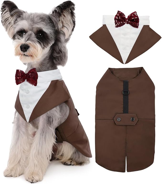Kuoser Dog Tuxedo Dog Suit and Bandana Set, Dogs Tuxedo Wedding Party Suit, Doggy Prince Bow Tie Shirt Formal Pet Wedding Attire for Large Medium and Small Dogs Golden Retriever Samo Bulldogs