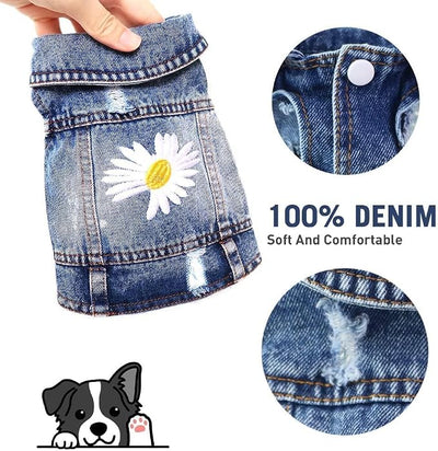 Dog Denim Jacket with Embroidered Daisy, Ripped Vintage Jean Vest for Small Dogs, Pugs, Chihuahuas, Spring Summer Fall Festival Outfit, X-Large (Fits Chest 17-18")