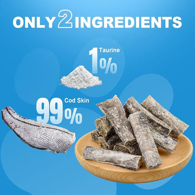 Amzey Cod Skin Dog Treats 24 OZ, High Protein Fish Skin Rolls Rich in Omega-3, 100% Natural Dried Fish Dog Chews for Teeth Cleaning, Pack of 4 Resealable Bags