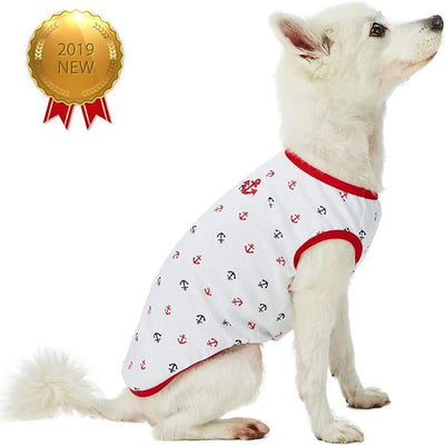 Blueberry Pet Soft & Comfy Summer Vacation Beach Cotton Dog T-Shirts, 2 Pack, Sea Lover Navy Sailor Shirts Tank Top Clothes, Back Length 14", for Small Medium Dogs