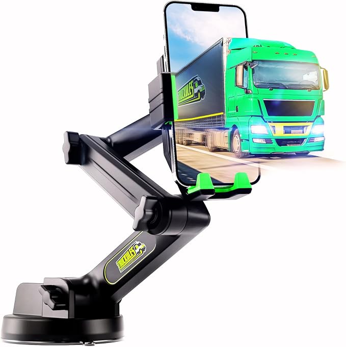 Cell Phone Mount for Truck Phone Holder for Truck Drivers - Heavy Duty Suction Cup, iPhone Holder for Dashboard Window 16.9 inch Long, for iPhone & Samsung, Commercial Trucker, Green