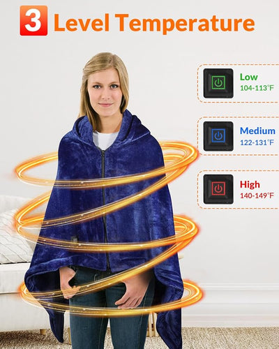 Girasol Cordless Wearable Heated Blanket, 10000mah Heated Blanket Battery Operated with Hood, USB Heating Throw Shawls Portable Electric Blanket with 3 Heating Levels for Home Office Outdoor(Navy)