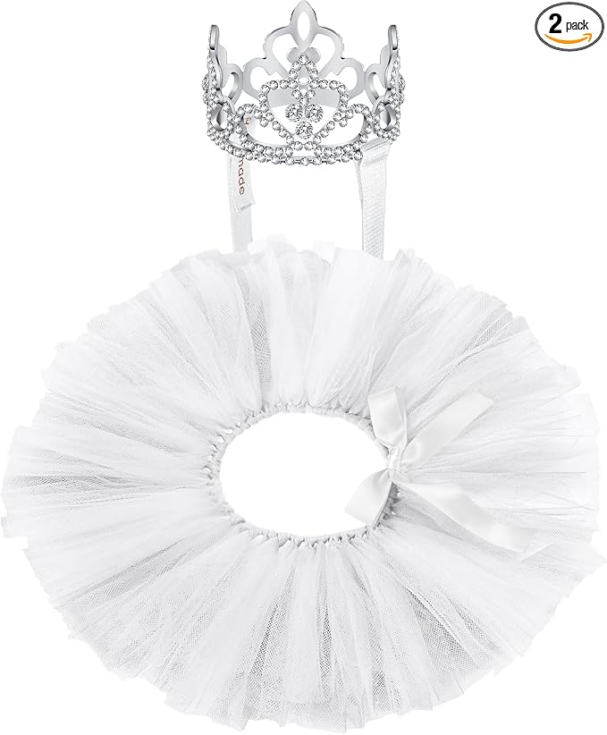 2 Pcs Dog Crown Headband Dog Tutu Dress Set Crystal Rhinestone Tiara Crown Tutu Skirt Pet Dress Costume for Puppy Birthday Party Wedding Photo Prop Costume(Large,White)