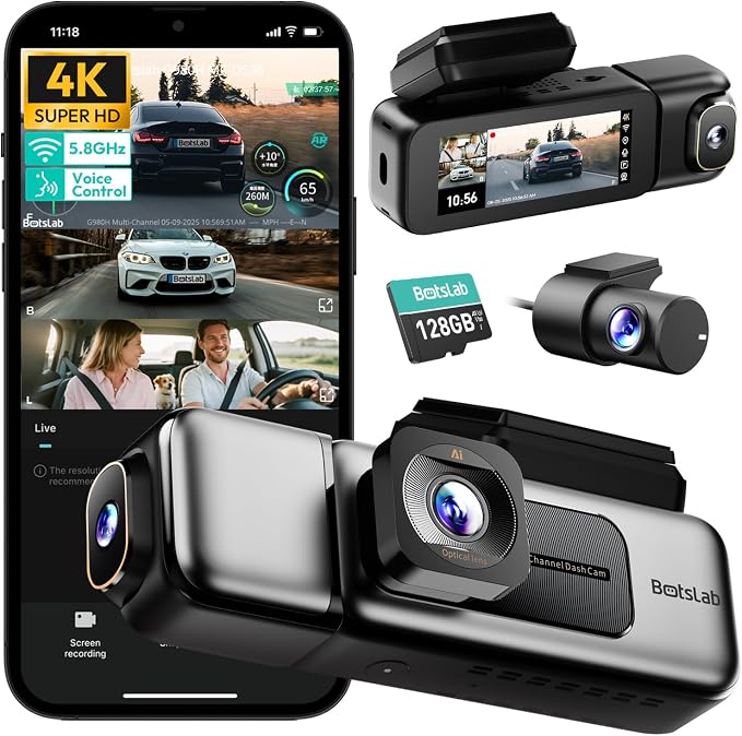 4K 3 Channel Dash Cam Front and Rear/Inside, 360°Dash Camera with 3.18" Touch Screen, Night Vision Dashcam, Voice Control, 24/7 Parking Mode Car Camera, Free 128GB Card 5.8GHz WiFi & GPS