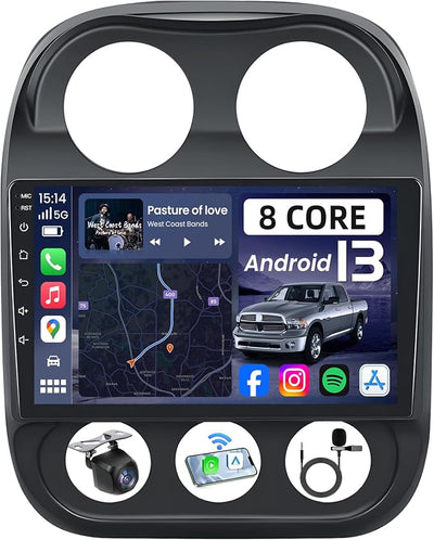 [8core 4+64G] Android 13 Car Radio Stereo for Jeep Patriot Compass 2010-2016: Upgrade 1280 * 800 Touchscreen Replacement with Bluetooth5.0 Backup Camera Wireless CarPlay Android Auto 5GWIFI AM FM RDS