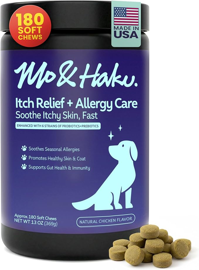 Mo & Haku Dog Allergy Relief Chews - 180 Soft Chews Immune Itch Support for Dogs Itchy Skin, Ears, Paw Licking, Seasonal Allergies - with Prebiotics & Probiotics, Colostrum & Salmon Oil