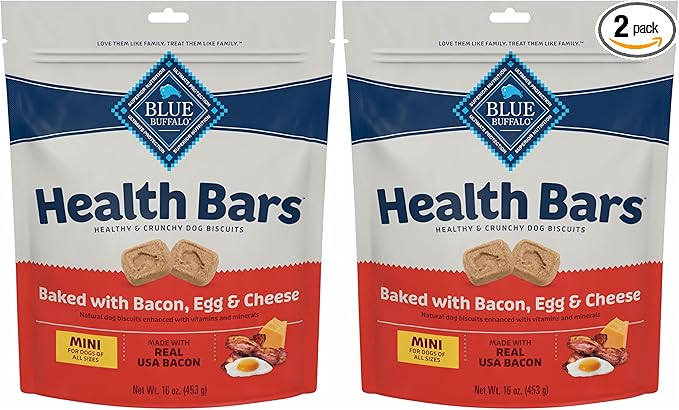Blue Buffalo Health Bars Mini Crunchy Dog Biscuits,Oven-Baked with Natural Ingredients,Bacon,Egg & Cheese,16-oz Bag,(Pack of 2)