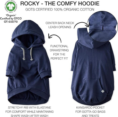 Pet Passion Rocky – The Original Lightweight Hooded Tee 100% Organic Cotton Dog Hoodie Pet Coat Sweater for All Sized Dogs, Navy, XX-Small (4-7 lbs)