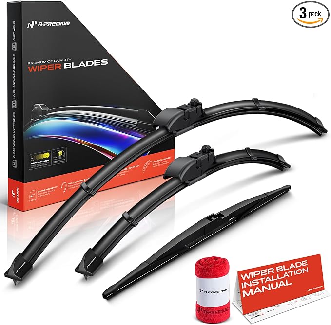 A-Premium 28"+16"+16" Windshield Wiper Blades with Wear Indicator & Towel | Compatible with Toyota Prius 2016-2023, Prius Prime 2017-2022, Front Rear Wipers Blade Set for Gen2V5/RL2 Arm, Pack of 3