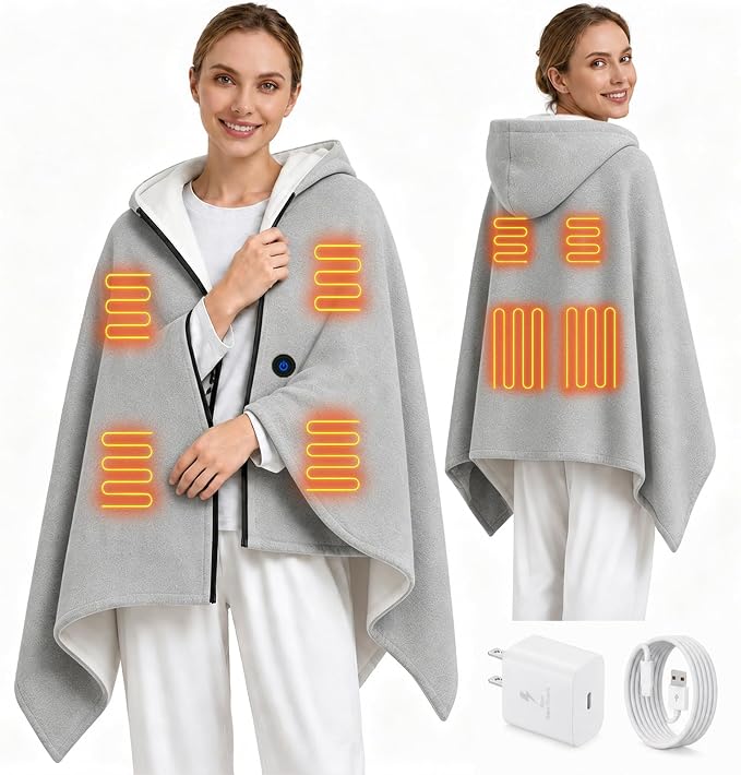 Gray USB Heated Hoodie Throw Blanket, Type-C Heated Wearable Blanket for Neck & Shoulder Warmth, Electric Soft Hooded Shawl with 1 Heat Level, Winter Gift for Women Travel Camping Bed