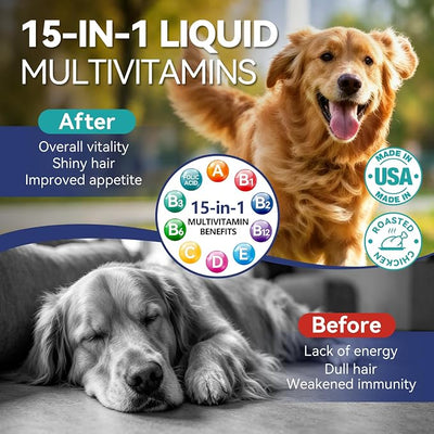 Dog & Cat Multivitamin, 15 in 1 Cat Vitamins with Glucosamine Cranberry, Pet Vitamins and Supplements Helps for Joints, Coat Shining, Immune System, Dog Liquid Multivitamin Promotes Appetite(60ml)