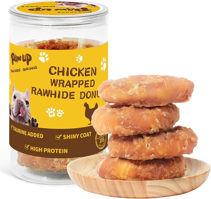 Dog Treat Chicken Wrapped Rawhide (4pcs) for Large Dogs, Long Lasting Dog Treat Ring w/Taurine for Aggressive Chewer, 12.5oz