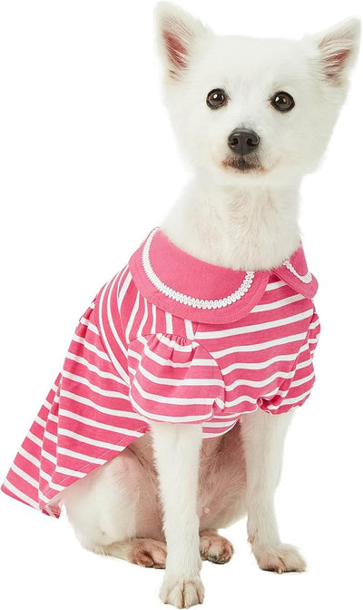 Blueberry Pet Sea Lover Rose Pink Striped Cotton Blend Dog Dress with Bowtie, Back Length 14", Pack of 1 Clothes for Dogs