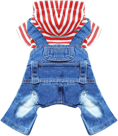 Small Dog Hoodie Clothes Cute Stripe Shirts Denim Jumpsuit One-Piece Outfit for Small Medium Dogs Cats Boy Girl Chihuahua Blue Jeans Overalls Puppy Costume (Red,M)