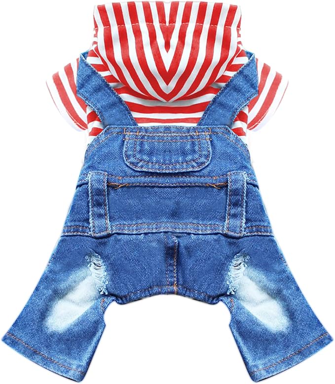 Small Dog Hoodie Clothes Cute Stripe Shirts Denim Jumpsuit One-Piece Outfit for Small Medium Dogs Cats Boy Girl Chihuahua Blue Jeans Overalls Puppy Costume (Red,L)
