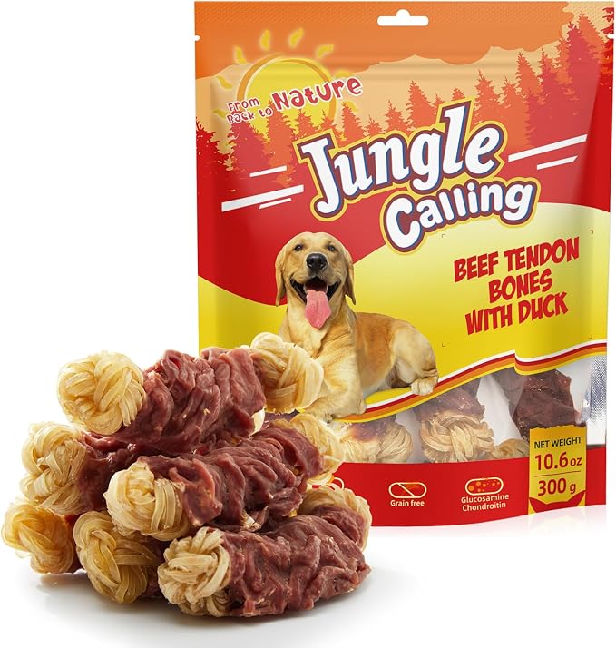 Long Lasting Dog Chews for Medium Large Dogs, Duck Wrapped Beef Tendon Braid Bones - Rawhide-Free Hip and Joint Support Treats with Glucosamine