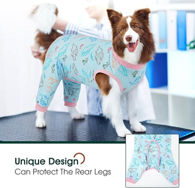 Kuoser Dog Recovery Suit with Anti Licking Rear Leg Sleeve, Dinosaur L | Abdominal Dog Surgical Suit with Pants Cover Protect Wounds, Dogs Elbow Protector Soft Pet Surgery Onesie Cone Alternative