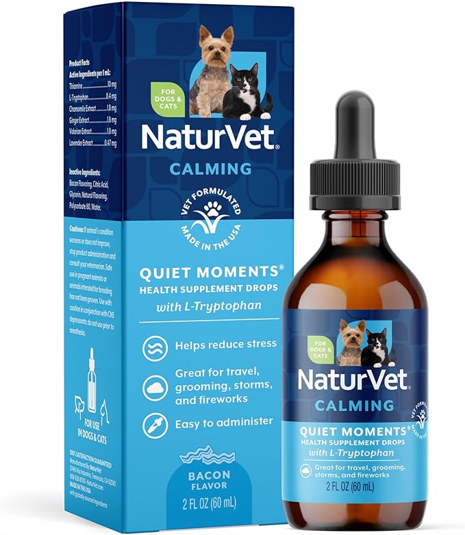 Quiet Moments Calming Drops for Cats & Dogs – Helps Reduce Pet Stress, Promotes Relaxation – Dog Supplement, Cat Supplement Includes L-Tryptophan, Ginger, Chamomile – 2 Oz.