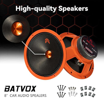 MX80P1 Loudspeaker 8 Inch Midrange 480 Watts 4 Ohms Orange Dust Cap, Premium Quality Audio Door Speakers for Car or Truck Stereo Sound System, Orange (2 Speakers)