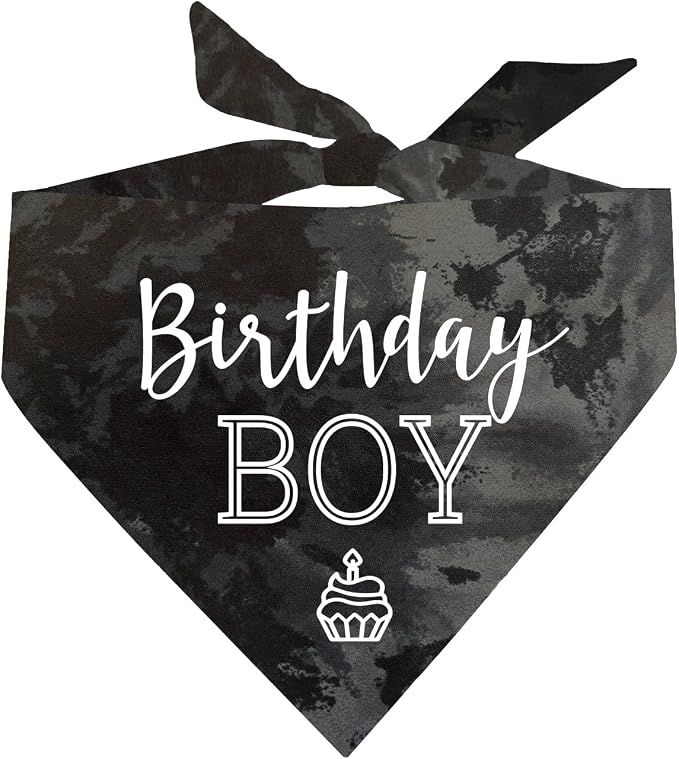 Birthday Boy with Cupcake Dog Bandana | 100% Cotton Tie Dye | Made in USA | Birthday | Pawty | Party Theme | Celebration Supplies | Photoshoot | One Size | Black Scrunch (214)