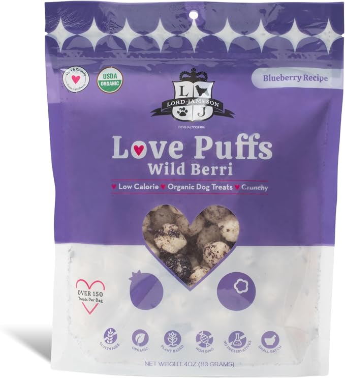 Lord Jameson Wild Berri | Light & Crunchy Love Puffs Collection | Organic Dog Treats, Blueberry Recipe, Gluten-Free, Preservative-Free, USDA Certified Organic. Made in USA