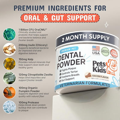 Pets Are Kids Dog Dental Powder | Premium Breath Freshener with OraCMU™ Probiotic for Gut Support | Easy-to-Mix Dog Teeth Cleaning Powder | Fights Bad Breath, Tartar & Plaque | Bacon Flavor, 60 Scoops