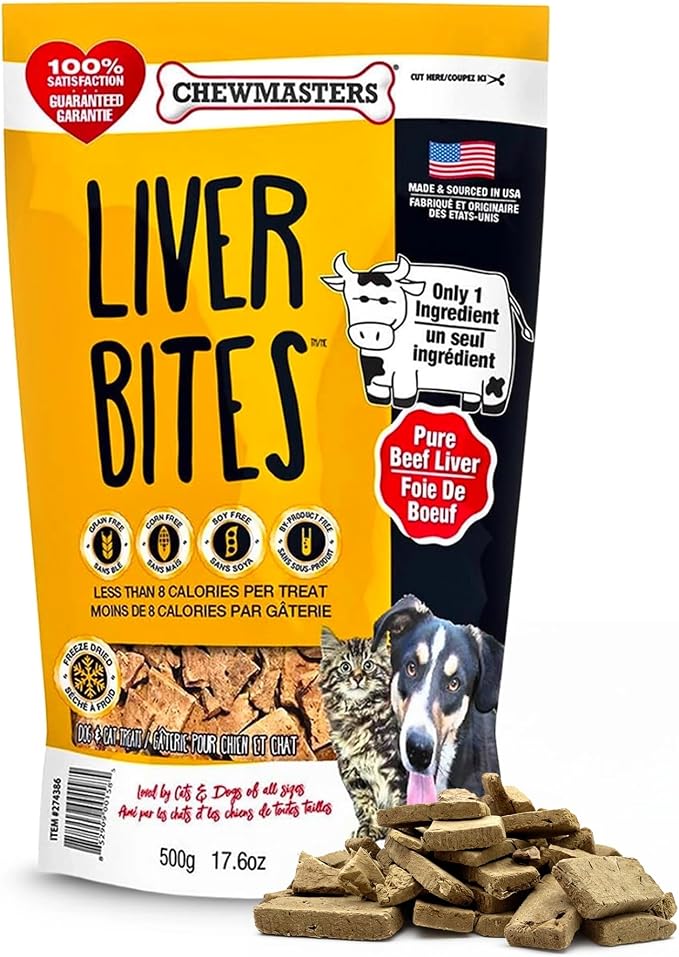 Chewmasters 100% Pure Beef Liver Bites - Freeze Dried Dog Treats, All Natural High Protein Training Treats, Grain Free, No Additives, Real Meat Flavor for All Life Stages, Made in USA - 17.6oz