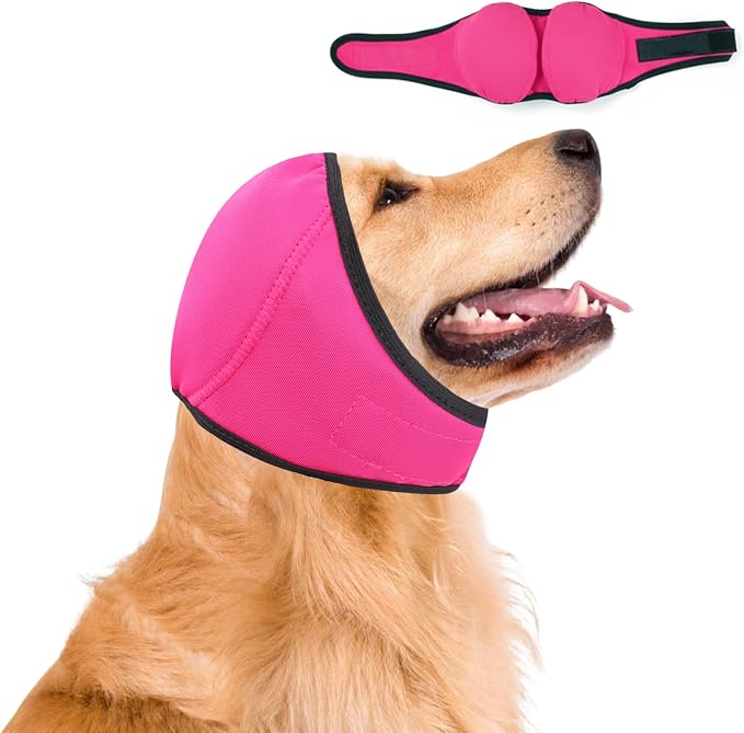 Dog Ear Muffs No Shake Ear Wraps for Dogs Ear Protection for Noise & Anxiety Relief Comfort Calming Hoodie, Protection Firework Grooming Bathing and Force Drying (Pink L)