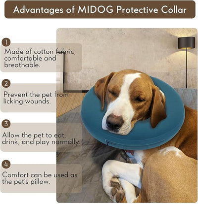 MIDOG Inflatable Dog Cone, Soft Donut Recovery Collar Alternative After Surgery to Help Prevent Licking, Comfy E Collar with Neck Pillow Design, Blue, L+