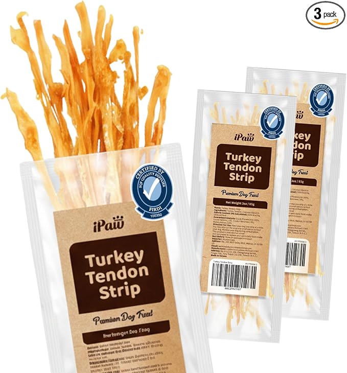 iPaw Turkey Tendons for Dogs 3 Packs, SQF Certified Human Grade Dog Treat, Single Protein, Hypoallergenic, Rawhide Alternative Dog Treats, Strip (Large)