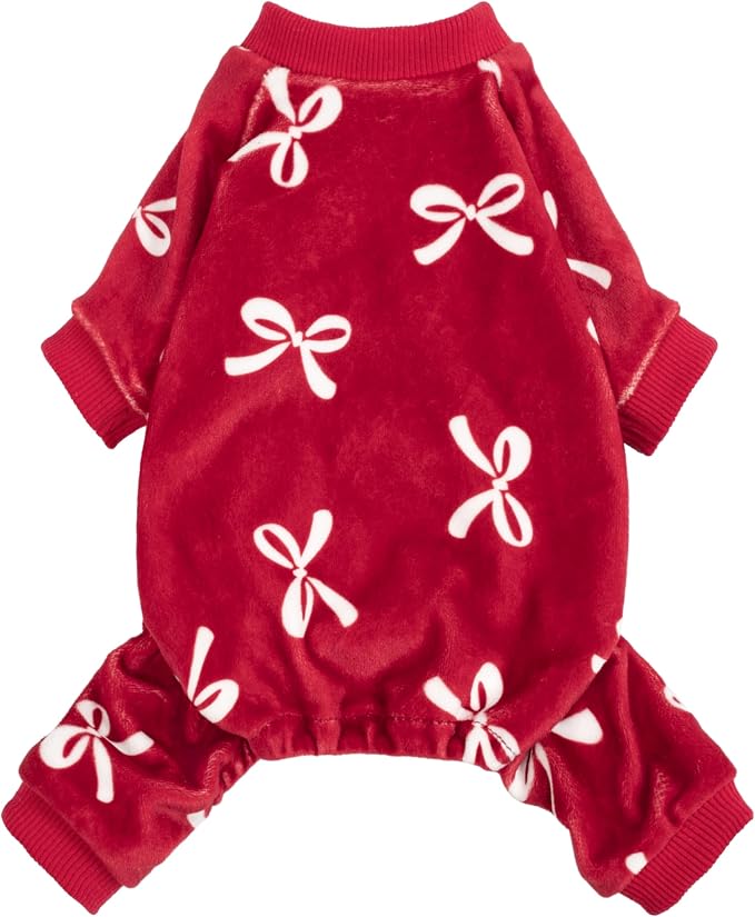 Bowknot Dog Pajamas, Warm Clothes for Small Dogs Girl, Fleece Pet Onesie with Feet, Burgundy Red, White, XL