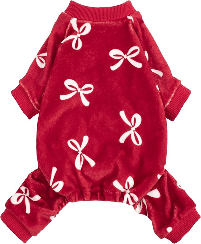 Bowknot Dog Pajamas, Warm Clothes for Small Dogs Girl, Fleece Pet Onesie with Feet, Burgundy Red, White, Small