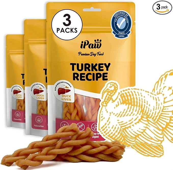 iPaw 3 Value Combo Turkey Dog Treats, SQF Certified Human Grade Dog Treat, Suitable for Training Chew, Hypoallergenic, Rawhide Alternative, Braided Stick (Duck Liver), 3 Packs