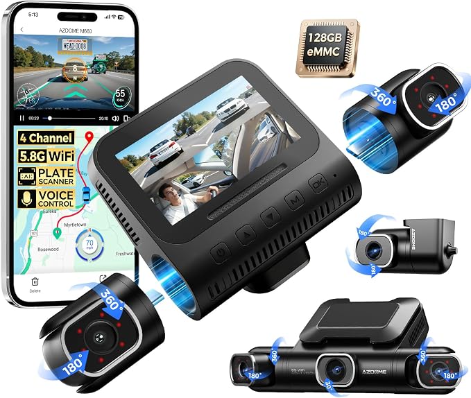 AZDOME 360° 4 Channel Dash Cam Front and Rear Inside, Built-in 128GB eMMC, 2K+1080P*3 Dashcam, Left Right, Voice Control, 5G WiFi Dash Camera for Cars with 4 Adjustable Lenses, IR Night Vision, M660