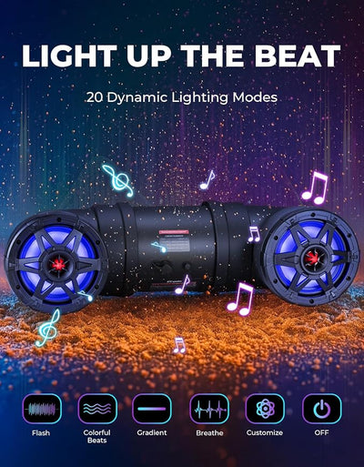 KEMIMOTO ATV Speaker 8 Inch Bluetooth-connectivity ATV UTV Sound Bar w/ 20 RGB Light Modes, 2X Full Range Speakers 2X Tweeters Boat Sound System Compatible with Polaris Sportman Fourtrax Can Am