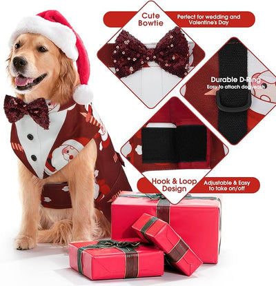Kuoser Christmas Dog Tuxedo Dogs Suit and Bandana Set, Santa Claus Doggy Christmas Outfit Adjustable Pet Xmas Costume with Bow Tie for Large Medium Small Dogs Golden Retriever Samo Bulldogs, Red L