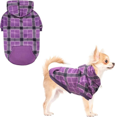 KOOLTAIL Plaid Dog Hoodie for Small Medium Large Dogs - Pet Clothes Sweater with Hat and Pocket for Cold Weather Winter, Warm Soft Dog Hooded Sweatshirt Coat Outfit for Puppy Cats Girls Boys Purple XS