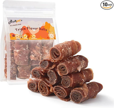 Rawhide Free Dog Treats, Triple Flavor Chicken Wrapped Duck and Beef Rolls, Healthy Dog Snacks