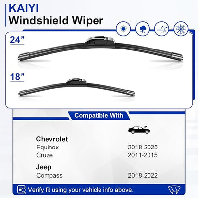 KAIYI 24" + 18" Windshield Wipers Compatible with Chevy Chevrolet Equinox 2018-2025,Cruze 2011-2015,Jeep Compass 2018-2022 Premium Automotive Replacement Windshield Wiper Blades 2 Pack