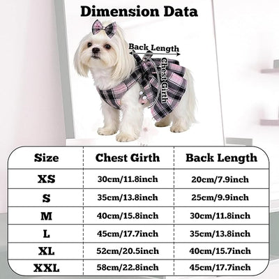 Dog Plaid Dress Harness and Leash Set with Pearls Bow Adjustable Puppy Dress Mesh Vest Bow Knot Pet Clothes for Cute Small Girl Dog Cat