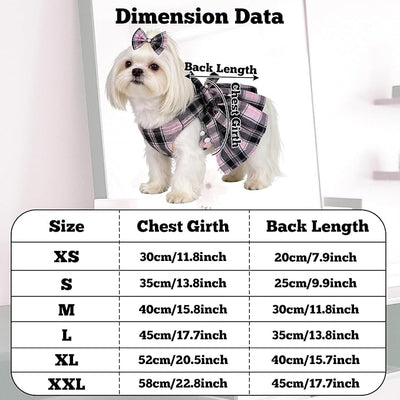 Dog Plaid Dress Harness and Leash Set with Pearls Bow Adjustable Puppy Dress Mesh Vest Bow Knot Pet Clothes for Cute Small Girl Dog Cat (Pink&Black, Large)