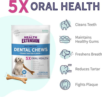 Health Extension Peanut Butter Dental Bones for Dogs, 8 Medium Bones, Healthy Gums, Freshens Breath, Cleans Teeth, Training or Reward, 6 oz Bag (Pack of 2)