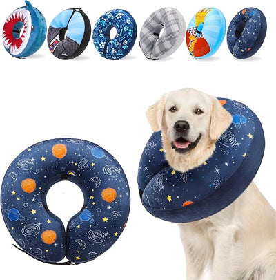 SCENEREAL Dog Cone Alternative After Surgery Donut Collar, Soft Pet Recovery Pillow Collar for Medium Large Dogs, Inflatable Adjustable Neck Collars to Prevent Licking, Planet Print E-Collars XL
